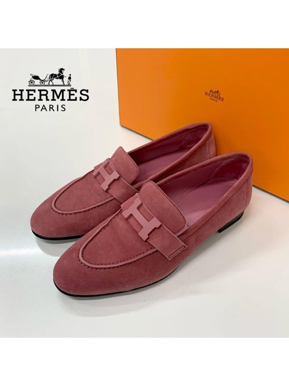 Hermes Paris Suede Loafers Pink